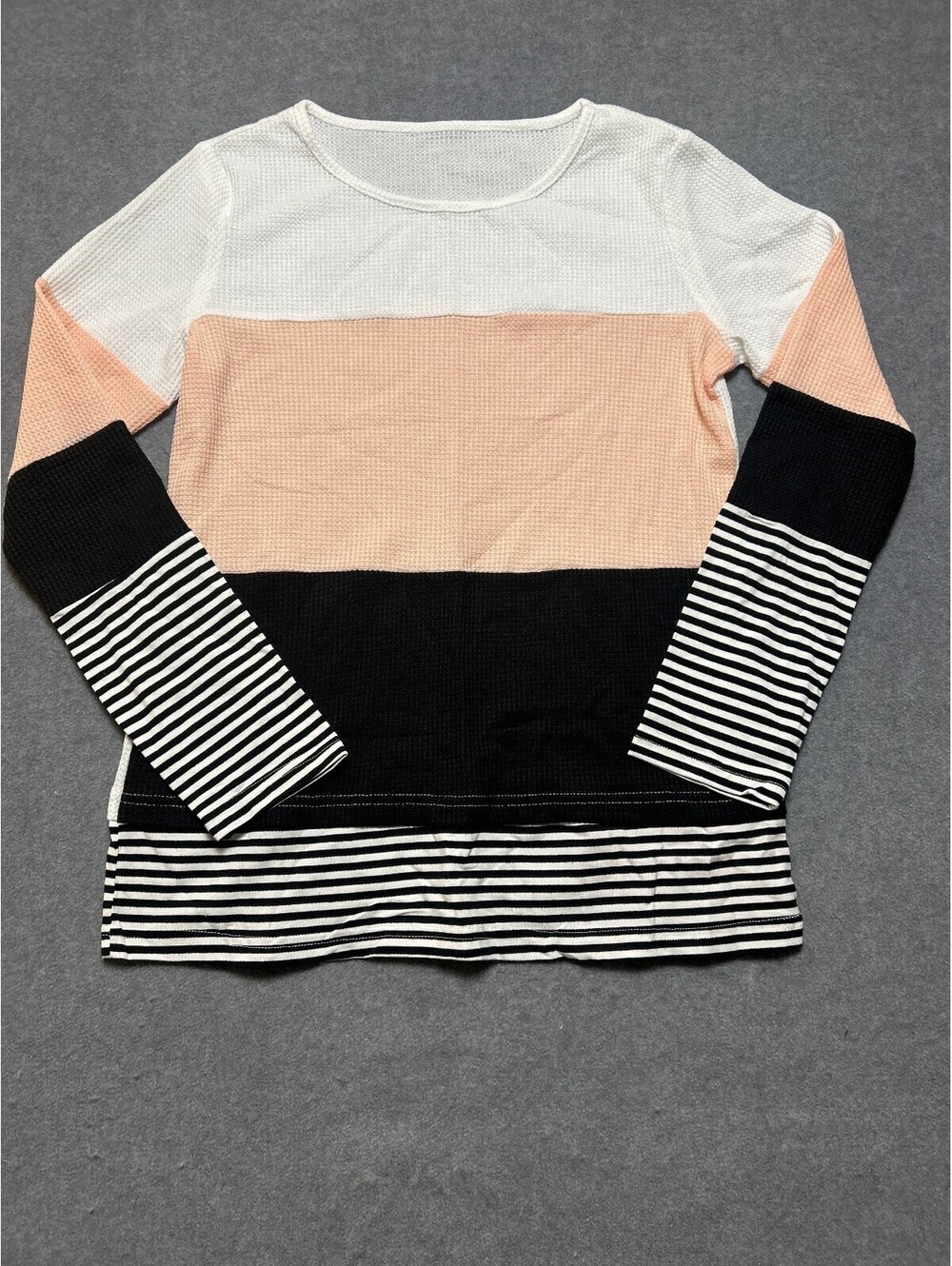 Womens Small Colorblock Waffle Knit Top White Pink Black Striped Long Sleeve